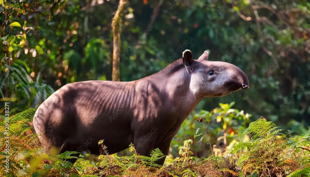 Fototapeta premium Rare Sighting of a Bairds Tapir in Tenorio Volcano National Park, Guanacaste, Costa Rica Majestic Wildlife Amidst Lush Greenery and Volcanic Landscapes at Dawn