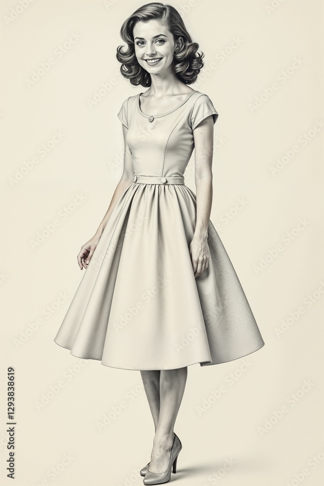 Fototapeta premium Retro-style woman in elegant 1950s dress with accessories, black and white illustration