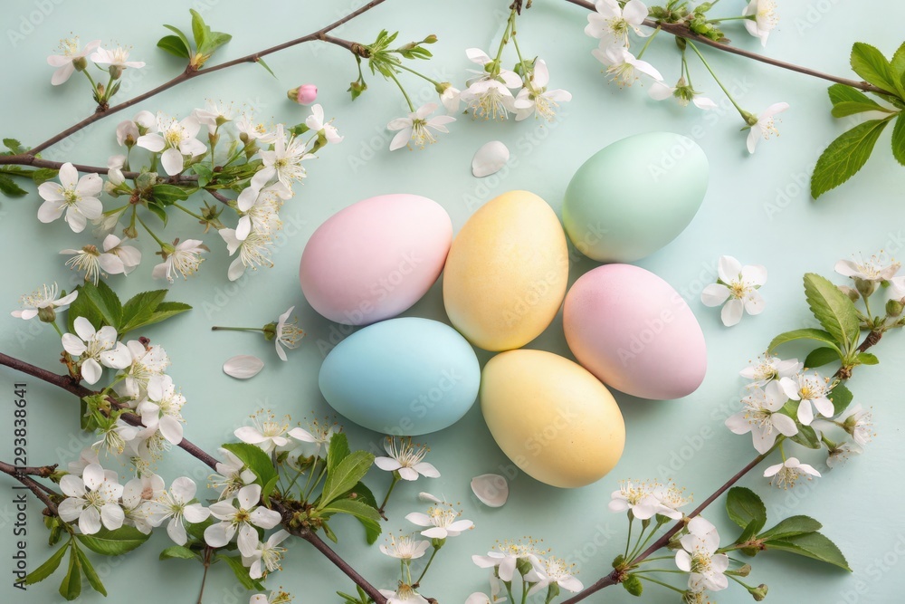 Pastel Easter eggs surrounded by blossoming branches. Pastel Easter eggs surrounded by blossoming branches.