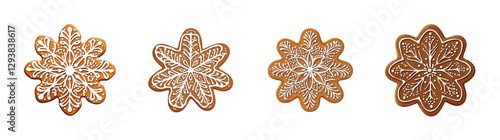 Four Brown Snowflake Cookies with White Icing on Transparent Background