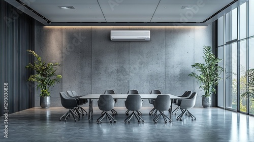 Nobody in empty grey modern office interior room with air conditioner on the wall, chairs and table. Meeting boardroom space inside or indoors , 8k Photo 