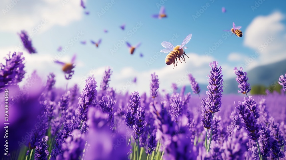 Naklejka premium Bees fluttering in the lavender fields