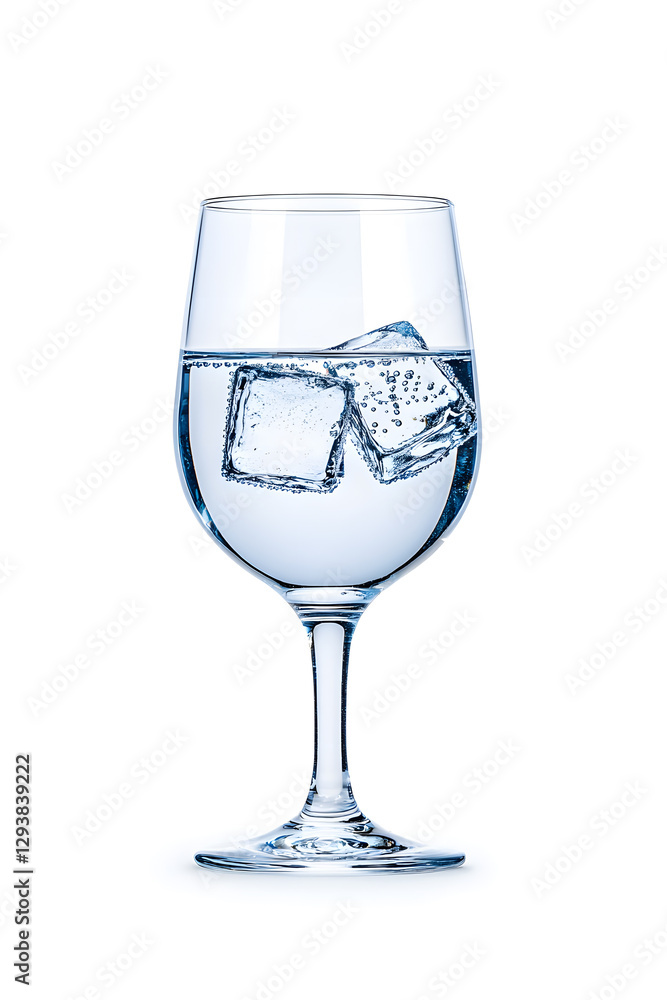 Sparkling water with ice cubes in a wine glass isolated on white Sparkling water with ice cubes in a wine glass isolated on white