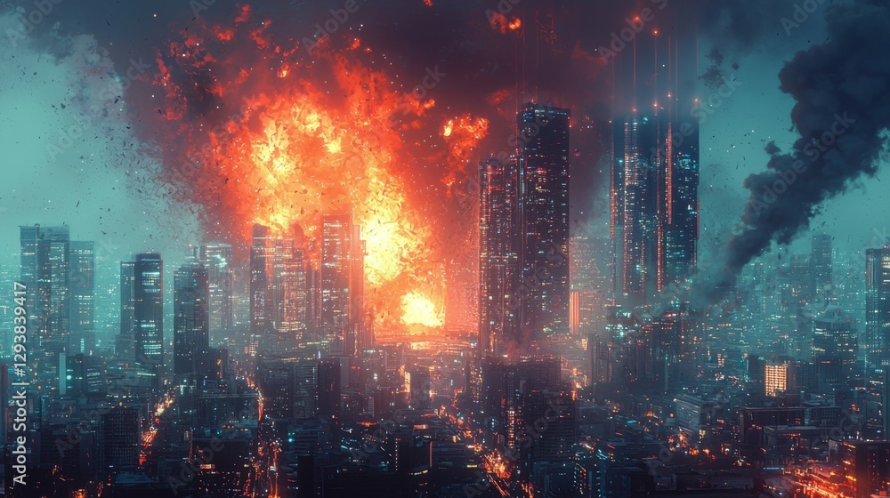 Fototapeta premium Explosive Urban Catastrophe in a Modern Cityscape at Night