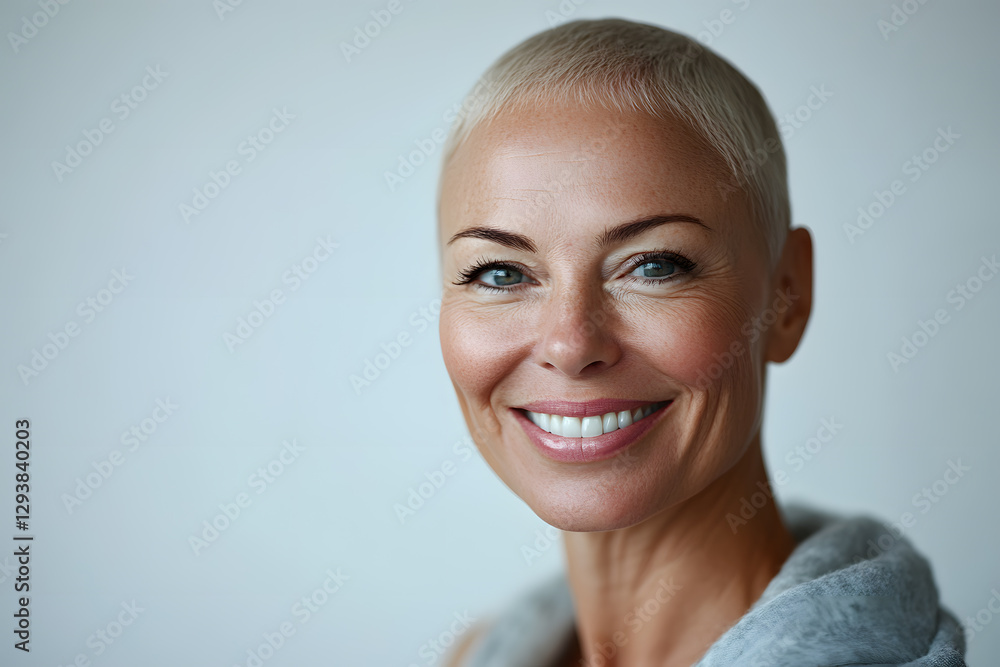 Positive mature woman with a shaved head smiling isolated on white background. Recovering after chemotherapy Positive mature woman with a shaved head smiling isolated on white background. Recovering after chemotherapy