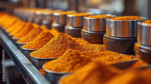 Fototapeta Naklejka Na Ścianę i Meble -  AI-driven spice production line, automated weight sensors measuring spice batches, high-speed robotic filling ensuring precision and efficiency