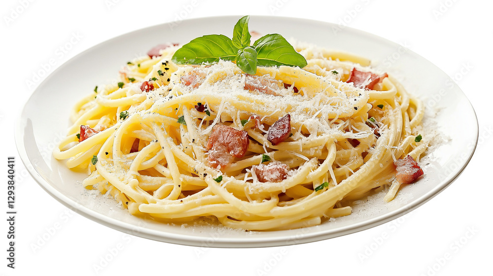 Plate of pasta carbonara with creamy sauce, pancetta, and parmesan, Italian food delight, isolated on a white background Plate of pasta carbonara with creamy sauce, pancetta, and parmesan, Italian food delight, isolated on a white background