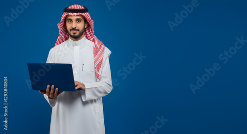 arab saudi man with laptop isolated background