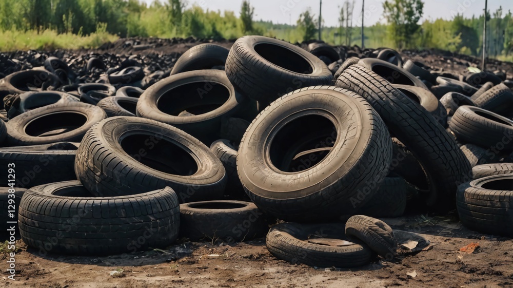 Landfill with old tires and tyres for recycling. Reuse of the waste rubber tyres. Disposal of waste tires. Worn out wheels for recycling. Tyre dump burning plant. Regenerated tire rubber produced. Landfill with old tires and tyres for recycling. Reuse of the waste rubber tyres. Disposal of waste tires. Worn out wheels for recycling. Tyre dump burning plant. Regenerated tire rubber produced.