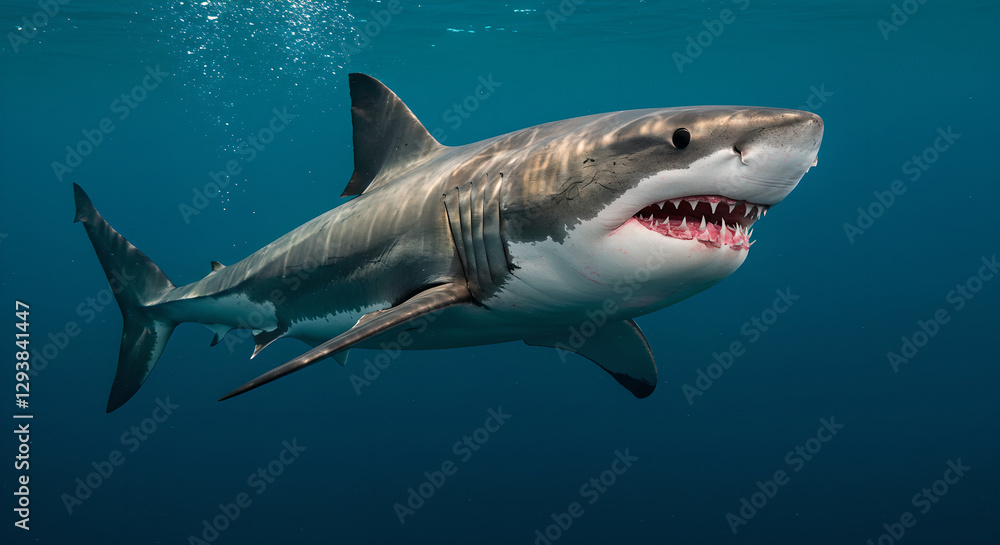 Fototapeta premium Great white shark swimming in deep blue ocean water. Dangerous marine predator showing teeth. Powerful sea creature in natural habitat. Wildlife underwater scene for education and nature