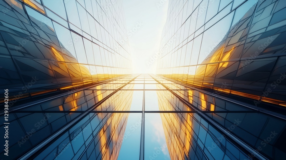 Fototapeta premium Dramatic Perspective of Skyscrapers with Reflection and Light Effect