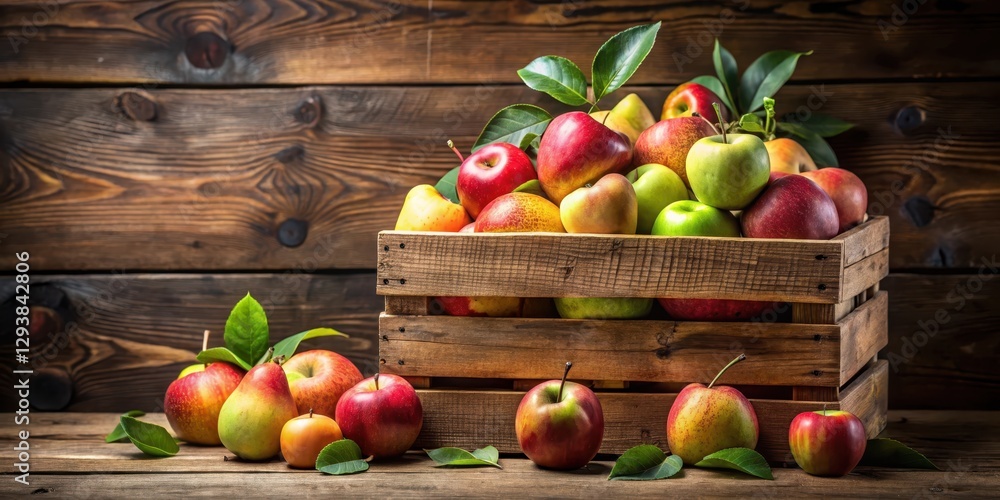 A stunning wooden crate overflowing with an array of crisp apples, pears and peaches arranged in a visually appealing way against a rustic wooden background, rustic, wooden crate A stunning wooden crate overflowing with an array of crisp apples, pears and peaches arranged in a visually appealing way against a rustic wooden background, rustic, wooden crate
