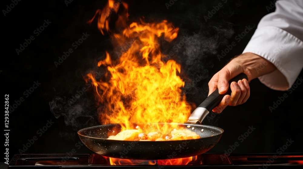 Dramatic Cooking Action with Flames Erupting from a Pan Held by a Chef in a Professional Kitchen Environment Dramatic Cooking Action with Flames Erupting from a Pan Held by a Chef in a Professional Kitchen Environment