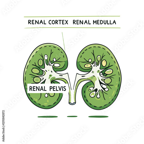 Vector illustration of human kidneys with labeled renal cortex, renal medulla, and renal pelvis. Ideal for medical, educational, and anatomical studies.

