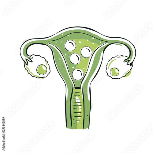 Vector illustration of the female reproductive system, highlighting the uterus, ovaries, and fallopian tubes in a medical diagram style.