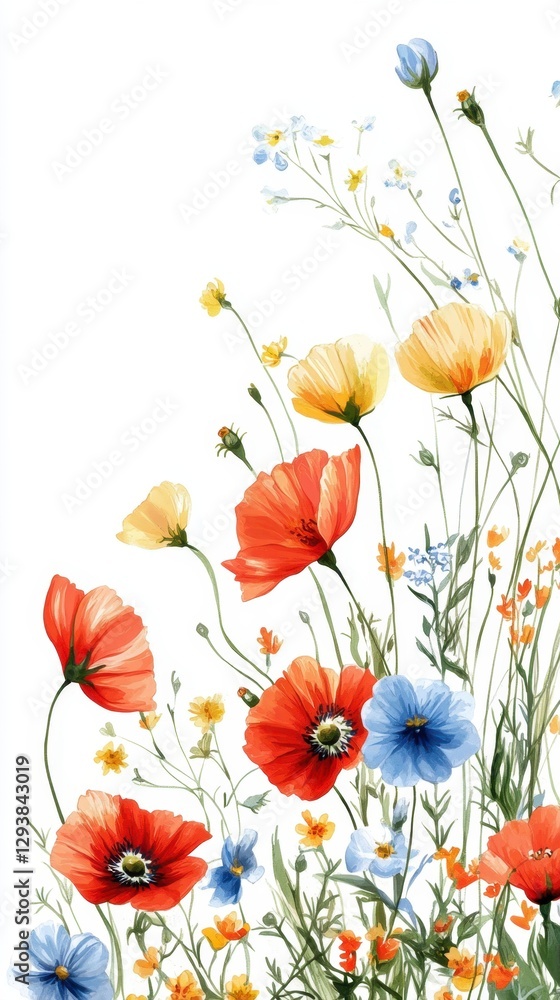 Fototapeta premium Watercolor Floral Arrangement Featuring Vibrant Poppies and Delicate Wildflowers on White Background