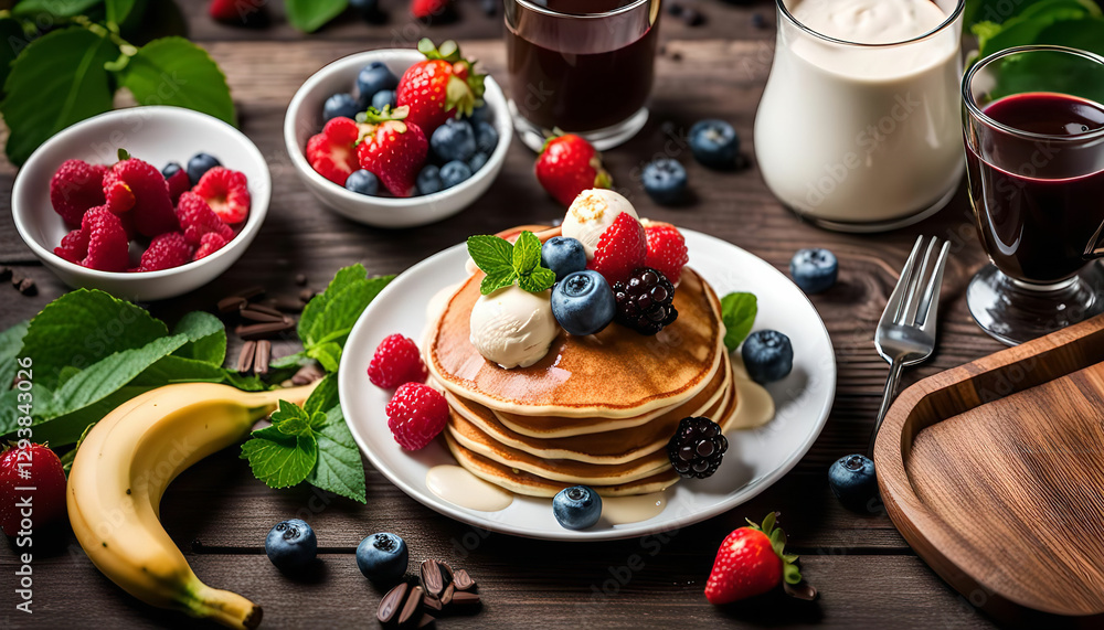 Delicious Pancake Breakfast with Berries and Cream Delicious Pancake Breakfast with Berries and Cream