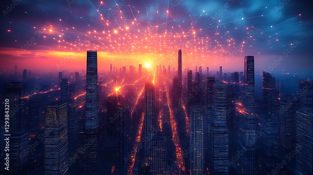 Futuristic Cityscape Illuminated By Network Connections At Sunset Futuristic Cityscape Illuminated By Network Connections At Sunset