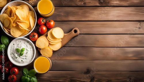 Appetizer and Drinks on Wooden Background