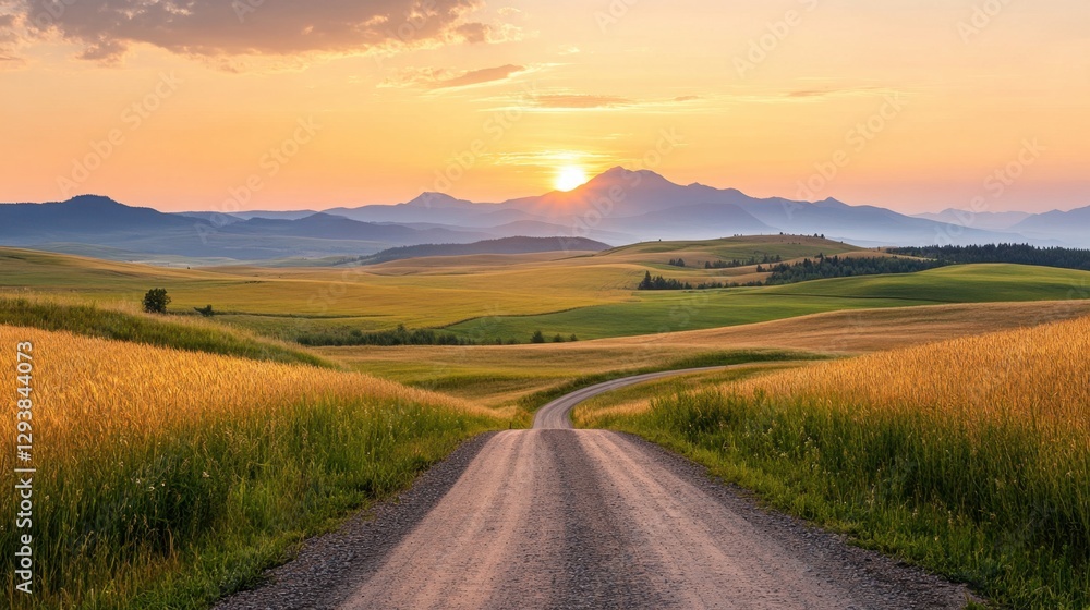 Serene Landscape with Dirt Road Leading into Rolling Fields and Distant Mountains Under a Vibrant Sunset Sky in a Peaceful Natural Environment Serene Landscape with Dirt Road Leading into Rolling Fields and Distant Mountains Under a Vibrant Sunset Sky in a Peaceful Natural Environment