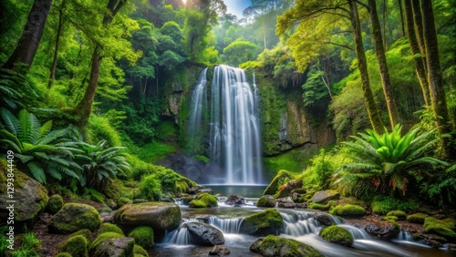 A lush forest with a majestic waterfall cascading down a rocky slope amidst tall trees and ferns , vegetation, forest,  vegetation