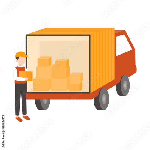 Delivery Truck and Worker. Package Delivery Cargo Illustration