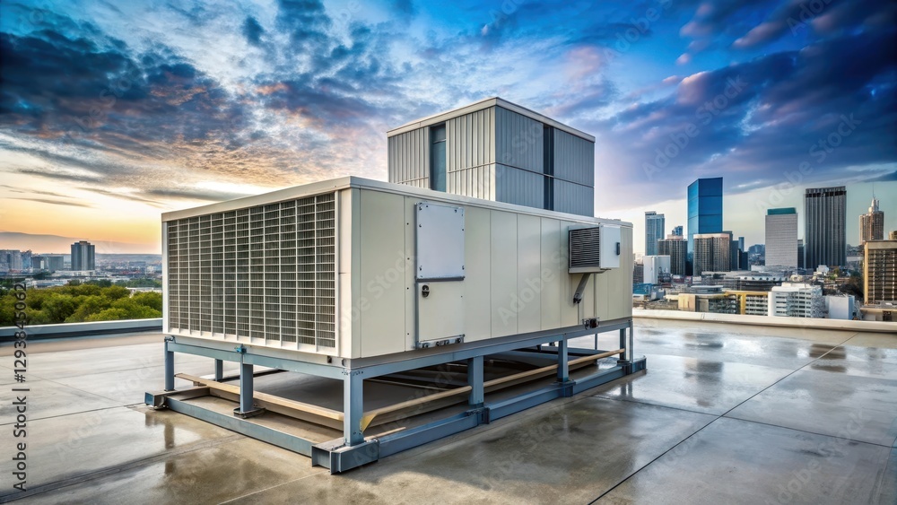 Industrial building rooftop with commercial HVAC unit on a concrete base Industrial building rooftop with commercial HVAC unit on a concrete base
