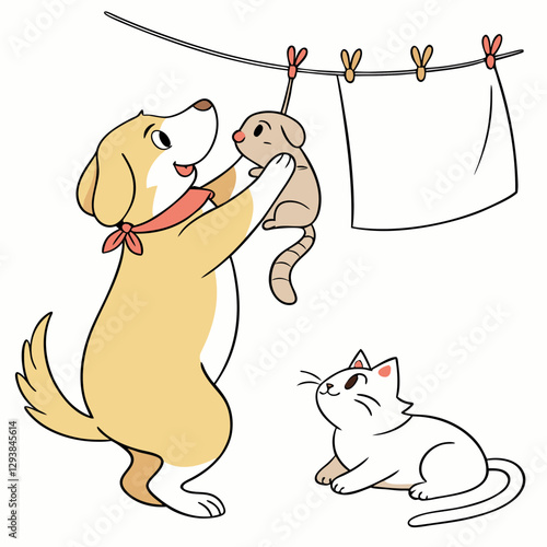 Cute dog, hamster, and cat hanging on a white placard, showcasing adorable animal companions in a playful design.