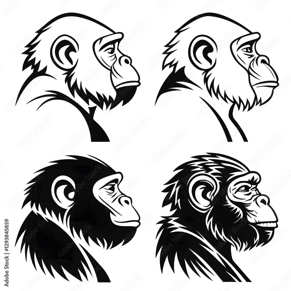 Naklejka premium Monkey Head Side Profile Vector Set – Black and White Gorilla Illustration
