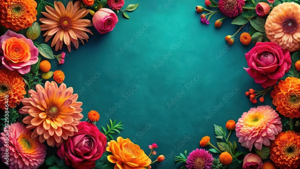 Fototapeta premium Vibrant pink and orange flowers arranged in a beautiful floral border on a deep teal background, creating a stunning visual effect , florals, pink flowers