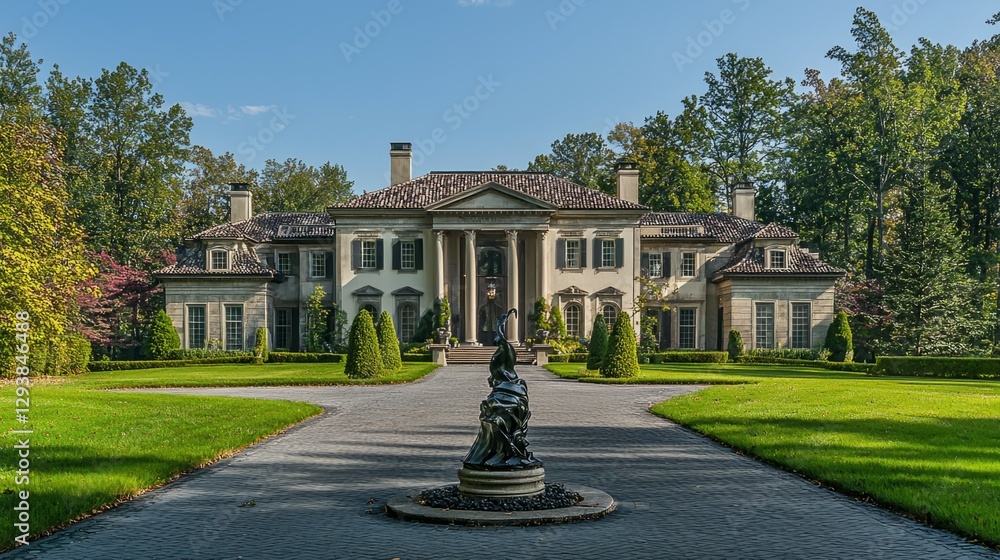 Fototapeta premium Elegant Mansion Surrounded by Lush Greenery and Sculpted Landscape