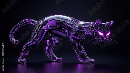 A sleek and futuristic robotic cat figure in glowing purple