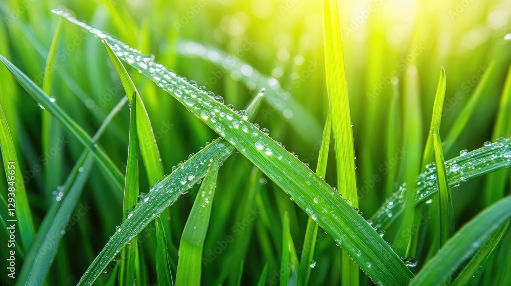 Close-up of sparkling dew on fresh grass blades glowing under the warm rays of early morning sunlight Close-up of sparkling dew on fresh grass blades glowing under the warm rays of early morning sunlight