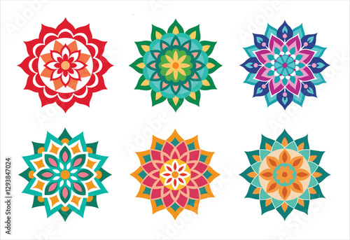 Six colorful mandala vector designs in a set. Simple collection. Isolated bundle on white background.
