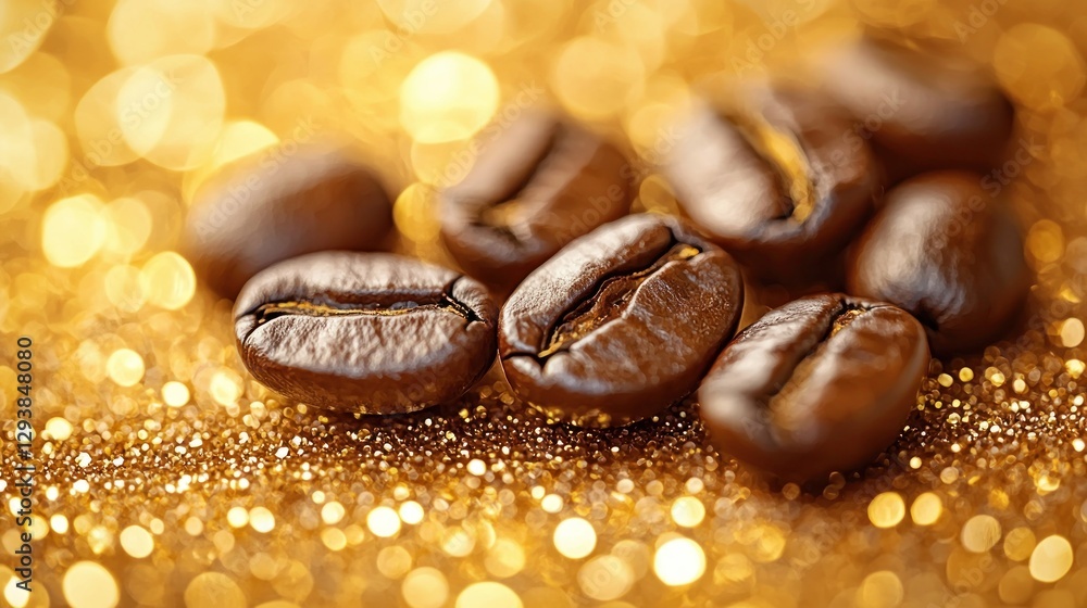 Roasted coffee beans on golden glitter background Roasted coffee beans on golden glitter background