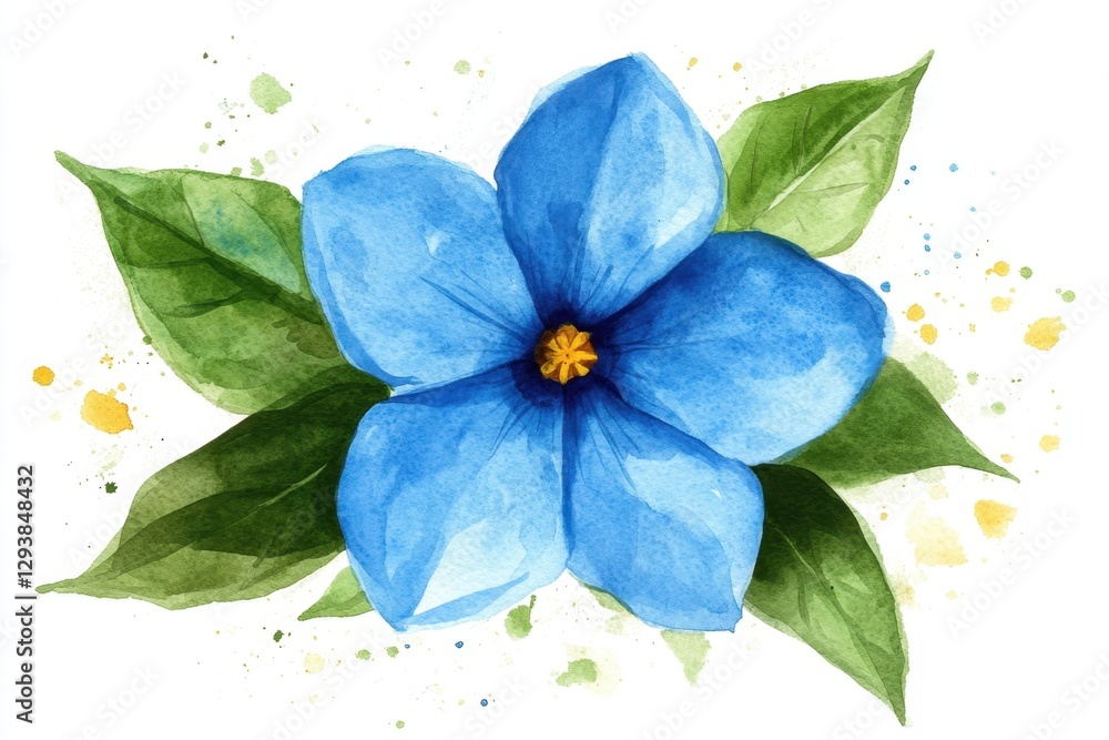 Fototapeta premium Watercolor blue flower artwork with green leaves on a white background artistic floral design botanical illustration vibrant spring bloom