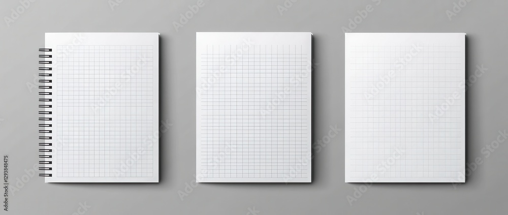 A minimalistic display of three notepads featuring grid patterns, with one spiral-bound and two flat, against a soft gray background. A minimalistic display of three notepads featuring grid patterns, with one spiral-bound and two flat, against a soft gray background.