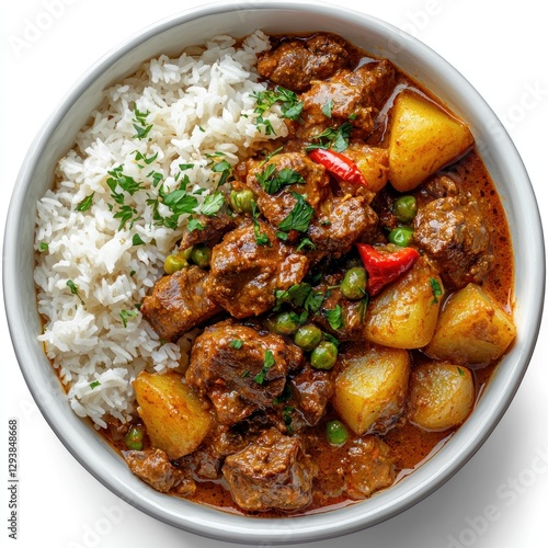 A fragrant bowl of Caribbean curry goat with tender meat, potatoes, and Scotch bonnet peppers, served alongside rice and peas photo