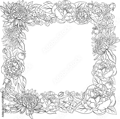 A detailed Line art floral vector illustration, square frame adorned with lush peonies, chrysanthemums, cherry blossoms, and rosebuds with leaves on white background