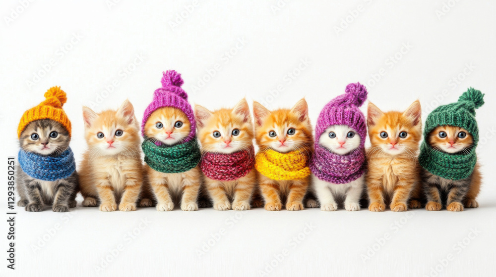 Fototapeta premium Thirty cheerful kittens wearing tiny colorful scarves and hats
