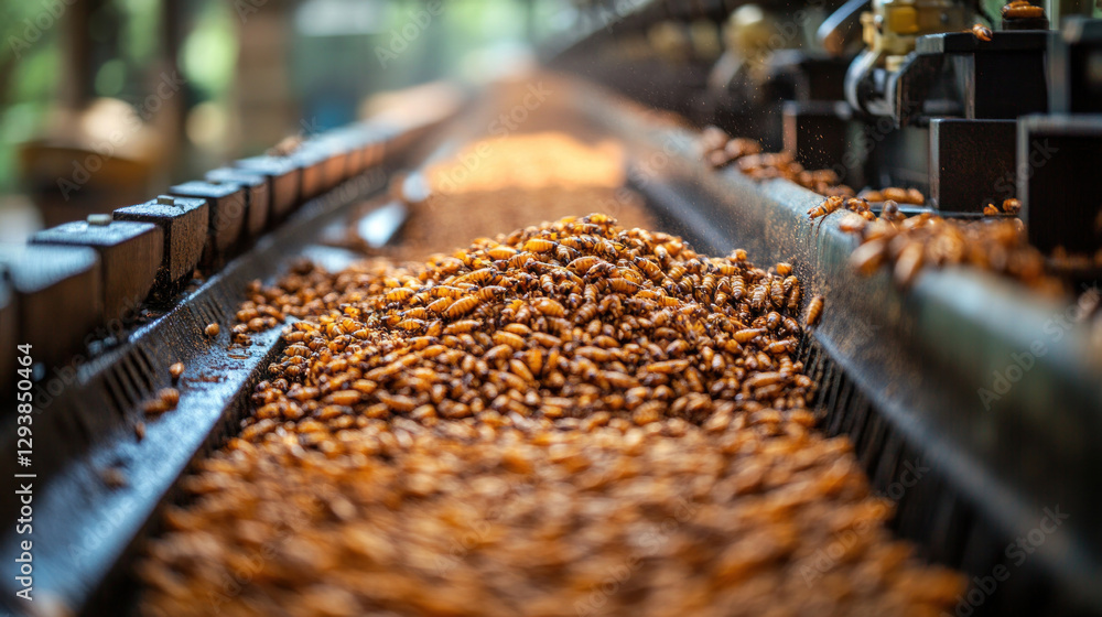 Insect-based flour factory, dried grasshoppers being ground into fine protein powder, sustainable food production optimizing global food security Insect-based flour factory, dried grasshoppers being ground into fine protein powder, sustainable food production optimizing global food security