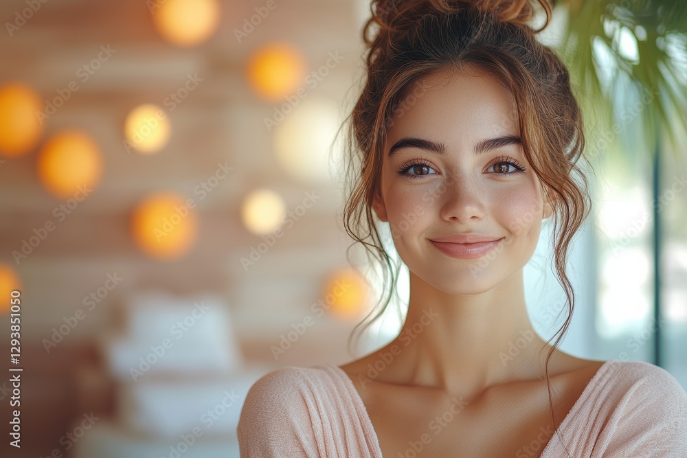Obraz premium Joyful woman smiling in cozy indoor setting with warm lighting