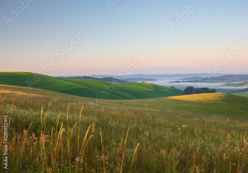 Serene landscape of rolling green hills under a soft morning light