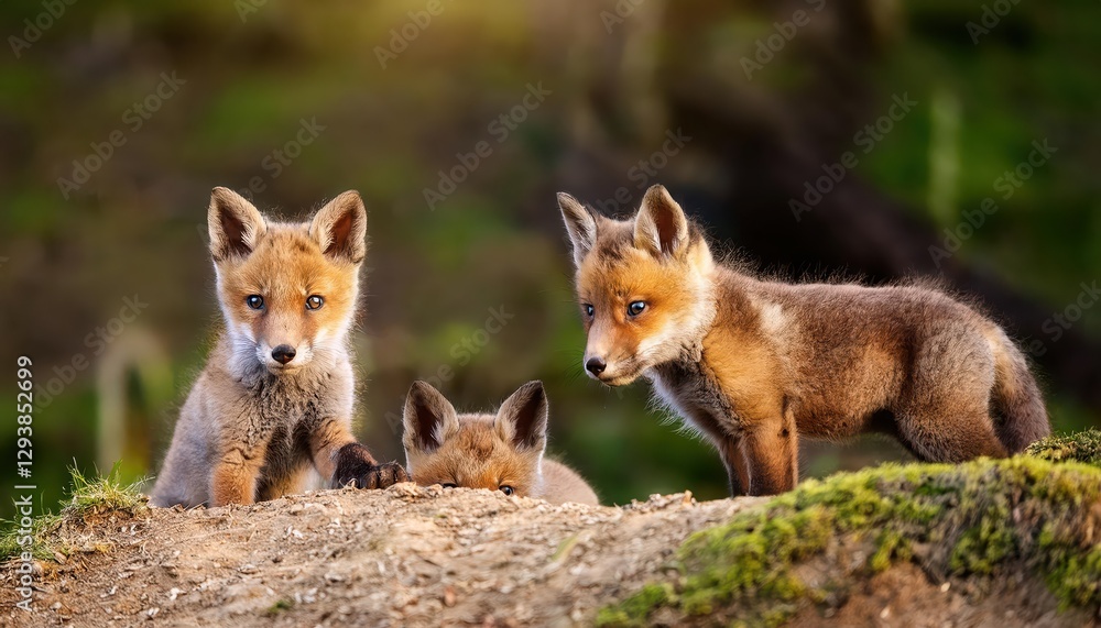 Curious Red Fox Cubs in Wintery Hideaway, Playful Pups Frolicking Close to Their Den Amidst Snowy Landscape, Warmth and Joy Radiate within the Cold Environment. Curious Red Fox Cubs in Wintery Hideaway, Playful Pups Frolicking Close to Their Den Amidst Snowy Landscape, Warmth and Joy Radiate within the Cold Environment.