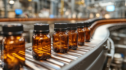 Wallpaper Mural Medicine production line with automated conveyor belts transporting sealed bottles, AI-powered quality control ensuring perfect dosage accuracy Torontodigital.ca