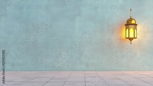 Ornate Gold Lantern on Teal Wall, Ramadan Background