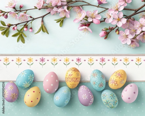 a row of decorated Easter eggs sits beside a floral patterned ribbon on a light blue background, with pink blossoms on a branch emerging from the upper right corner of the image.