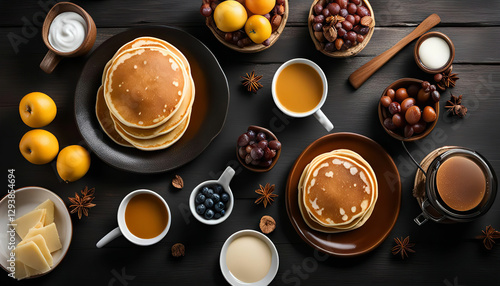 Pancakes with Berries, Fruit, and Coffee