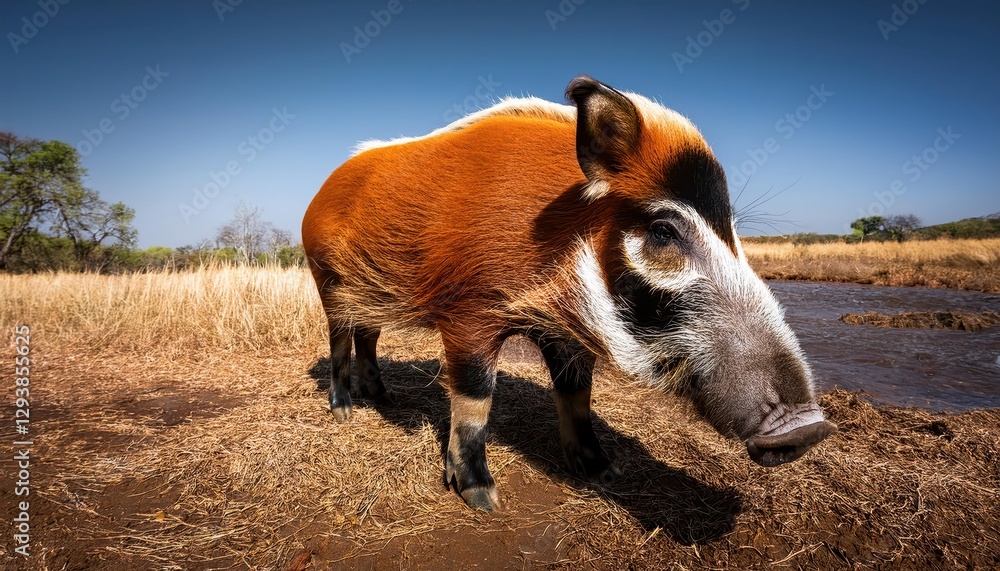 Red River Hog at Sunset A Captivating Wildlife Encounter against a Backdrop of Glowing Skies, with Burnt Orange and Deep Purple Tones, Reflecting on the Calm Water Surface, Showcasing an Red River Hog at Sunset A Captivating Wildlife Encounter against a Backdrop of Glowing Skies, with Burnt Orange and Deep Purple Tones, Reflecting on the Calm Water Surface, Showcasing an