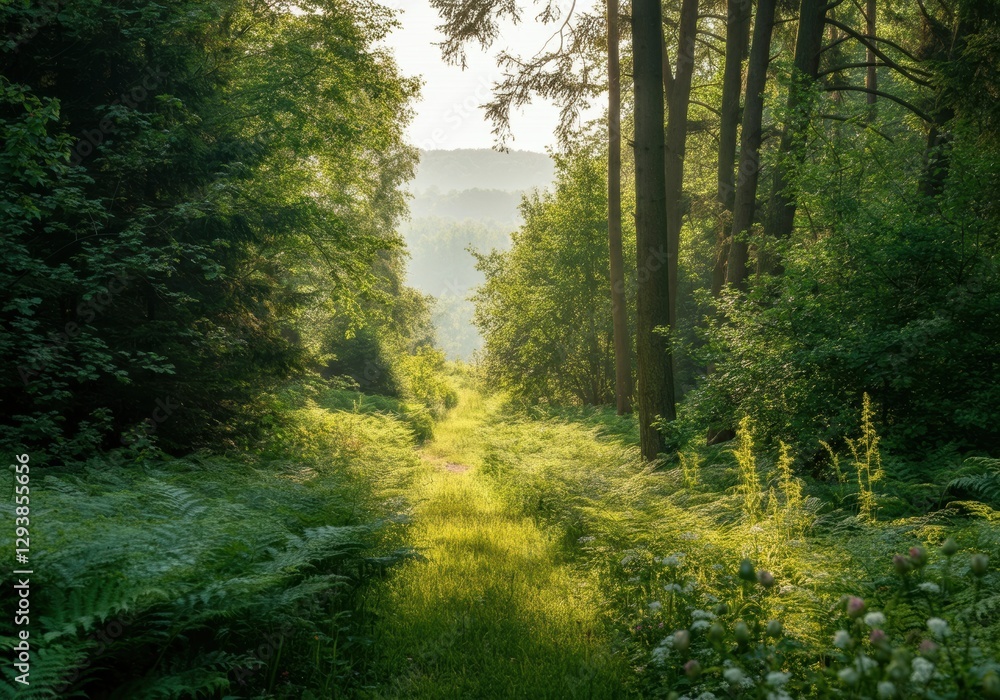 Obraz premium Serene forest pathway surrounded by lush greenery and soft sunlight